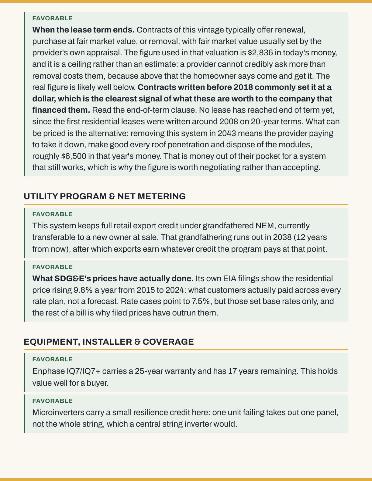 Page 3: summary cards for equipment, the financing company, and warranty coverage.