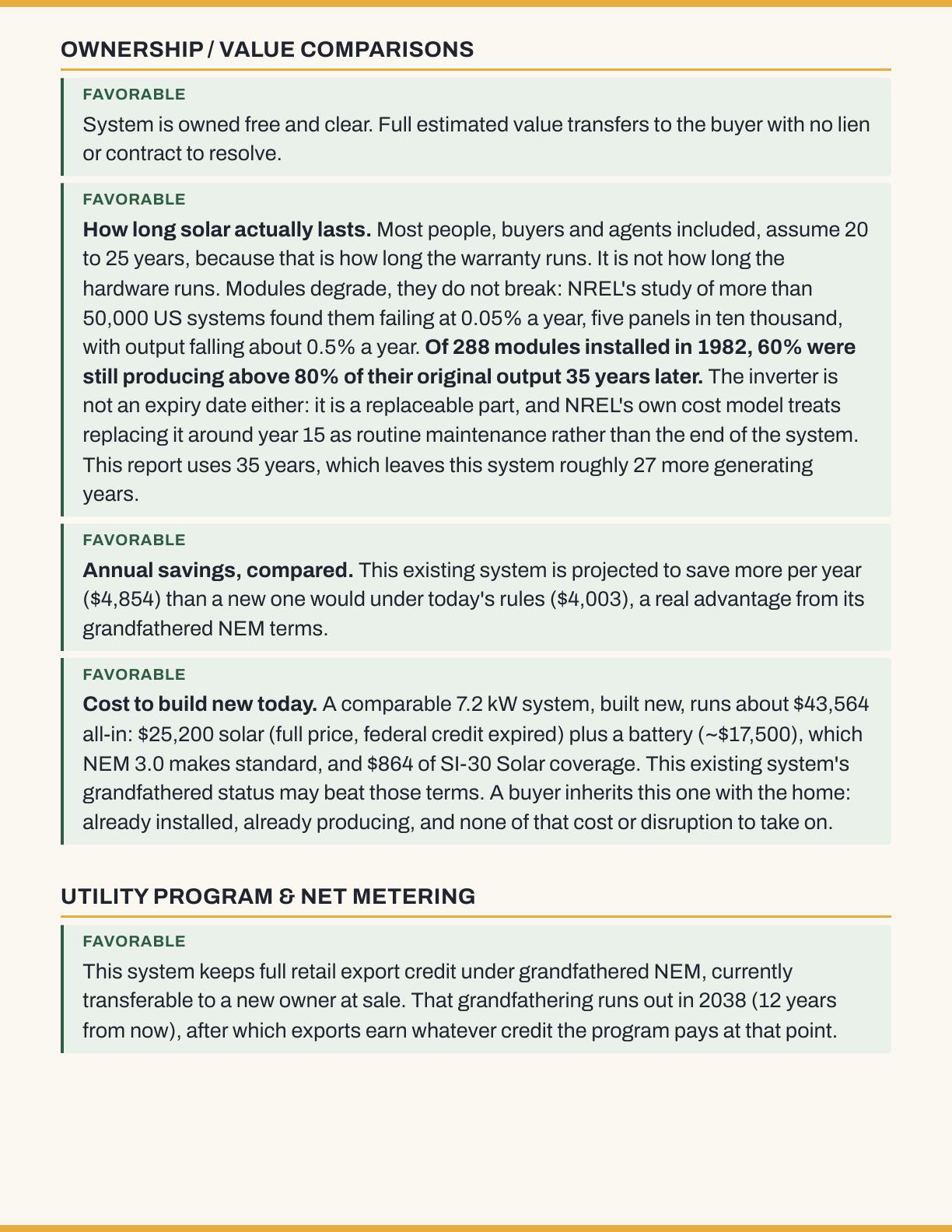 Page 2: summary cards for ownership and value comparisons, and the utility's net-metering program.