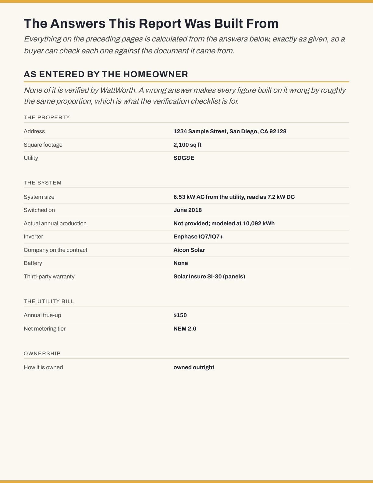 Page 5: the answers the report was built from, printed exactly as the seller gave them.